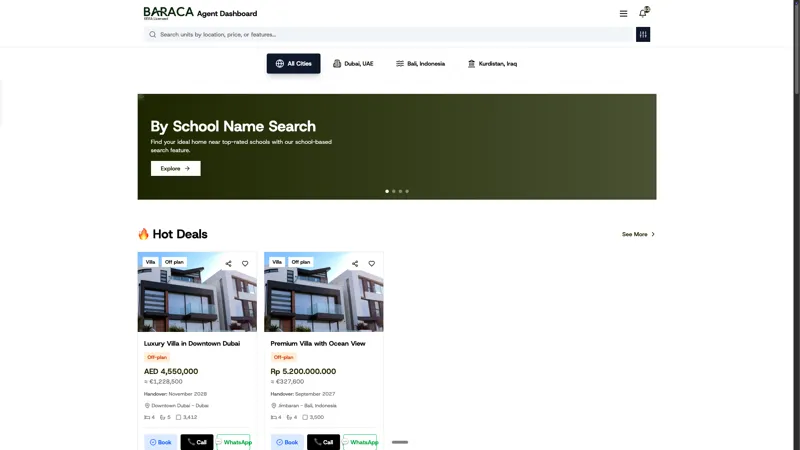 Baraca Agent Dashboard showing multi-city real estate listings and hot deals