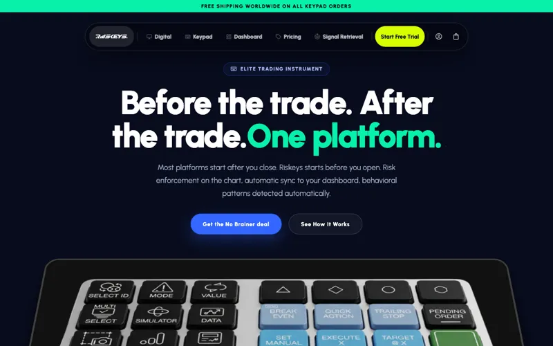 Riskeys trading platform homepage with the keypad hardware and risk-enforcement messaging